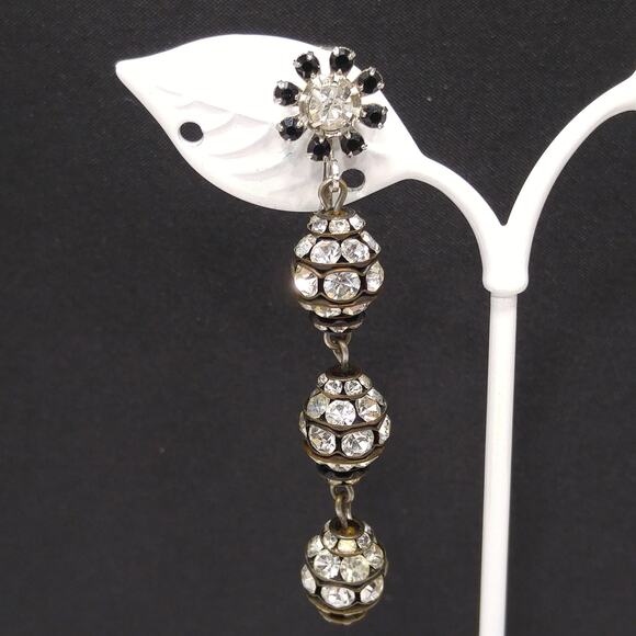 Vintage Dangle Long Black Floral Earrings, Clear Rhinestones, 1980s, 2 1/2" - Picture 4 of 10